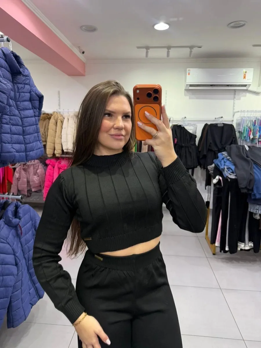 Conjunto Luxxo Cropped Com Detalhes Linhas E Gola Calça Pantalona Preto - foto 3