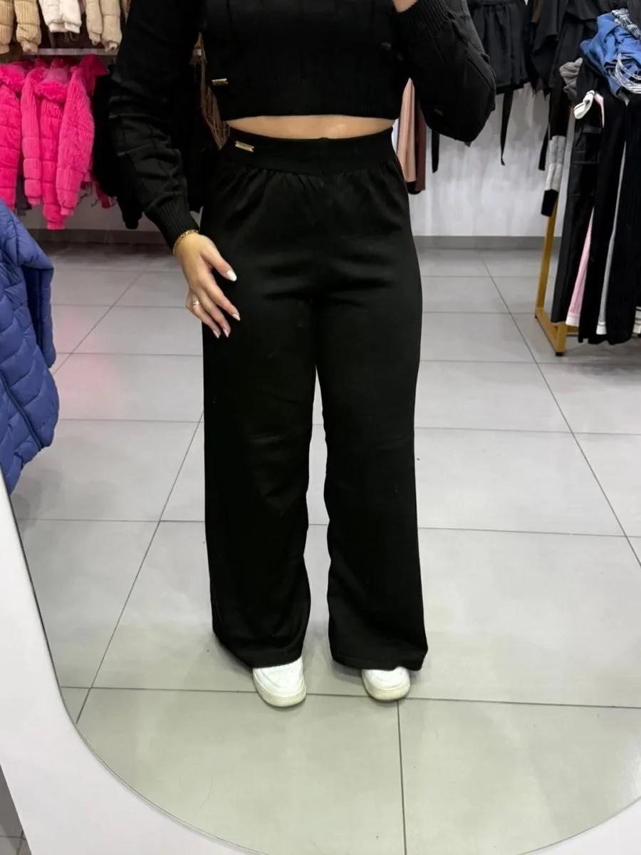 Conjunto Luxxo Cropped Com Detalhes Linhas E Gola Calça Pantalona Preto - foto 5