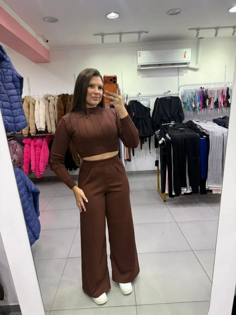 Conjunto Luxxo Cropped Com Detalhes Linhas E Gola Calça Pantalona Marrom Escuro - foto 1