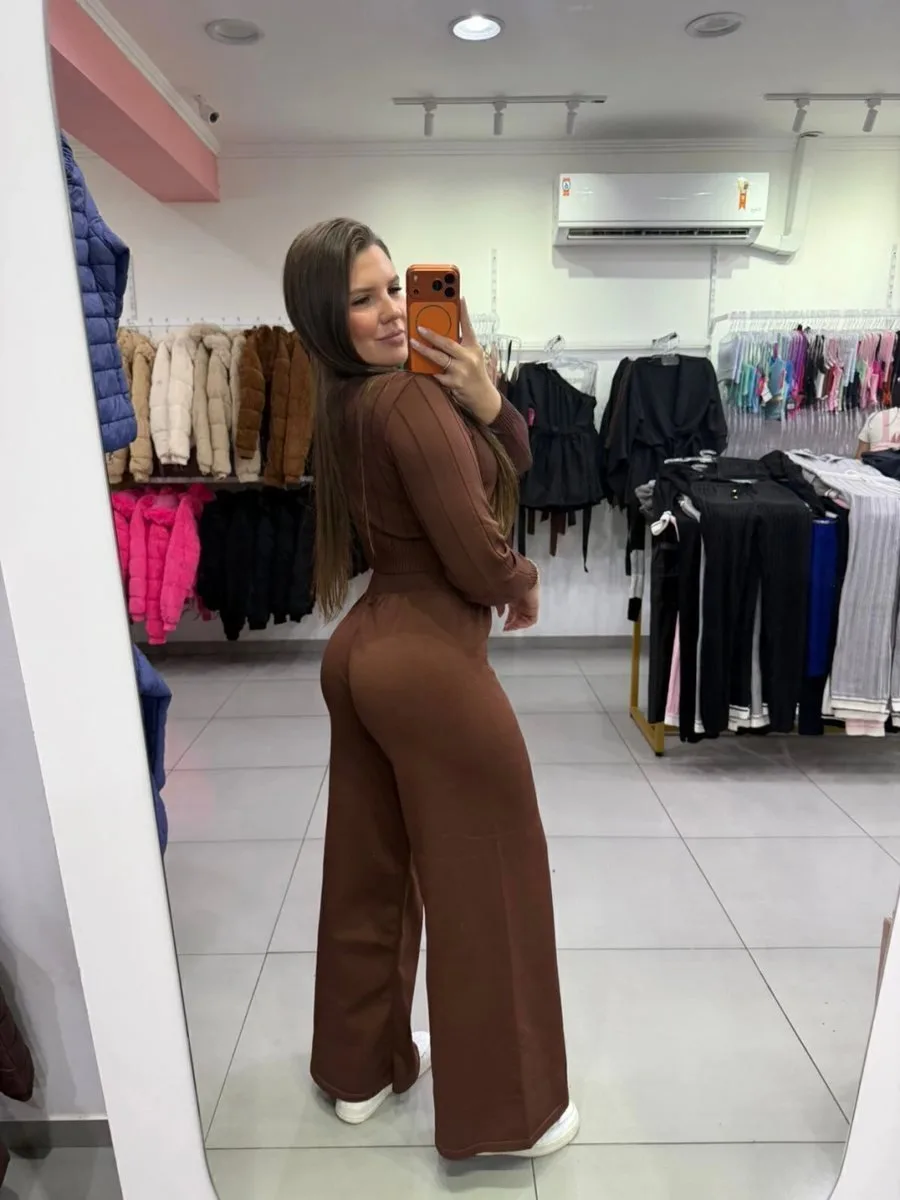 Conjunto Luxxo Cropped Com Detalhes Linhas E Gola Calça Pantalona Marrom Escuro - foto 2