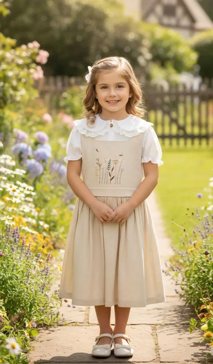 Vestido Jardineira - Salopete Infantil Flor de Lis em Linho - MOM - Bege - foto 4