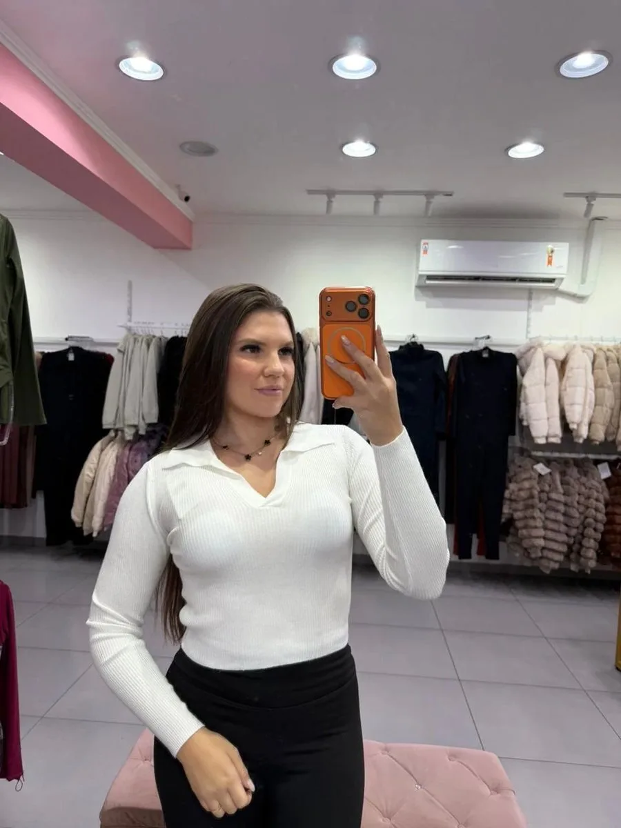 Cropped Modal Mousse Detalhe Na Gola E Manga Longa Branco - foto 1