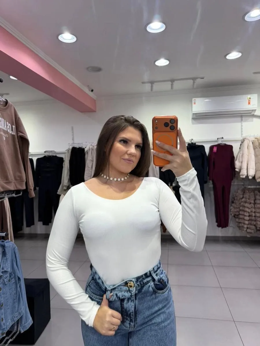Body Canelado Térmico Trançado Nas Costas Com Manga Longa Branco - foto 1