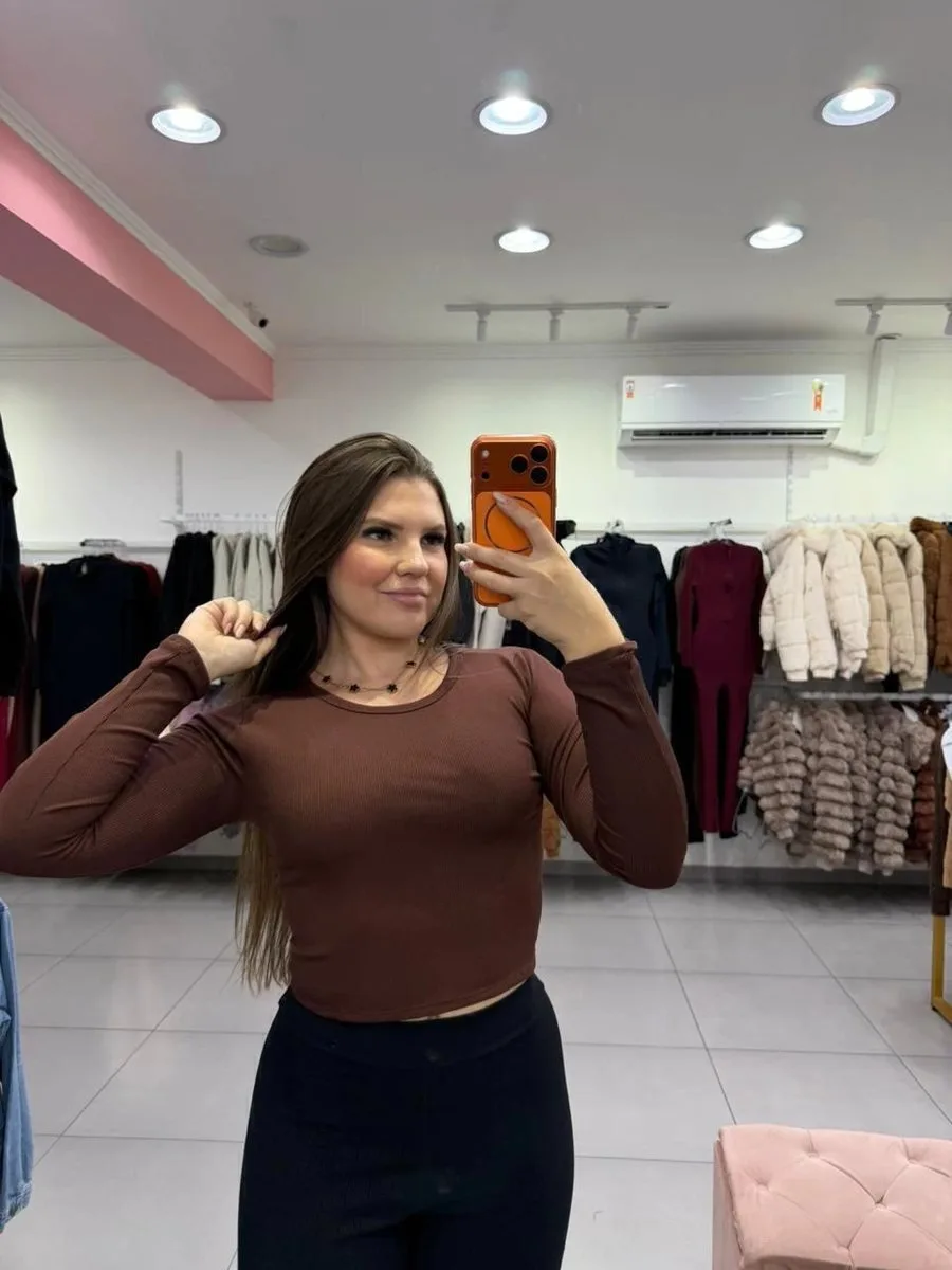 Cropped Canelado Térmico Com Manga Longa E Básico Marrom Escuro - foto 1