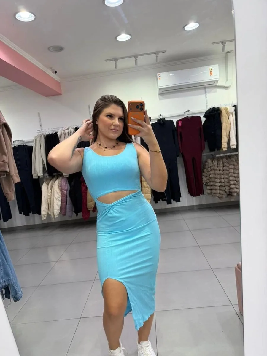 Vestido Canelado Algodão Midi Abertura Na Barriga E Fenda Lateral Azul - foto 1