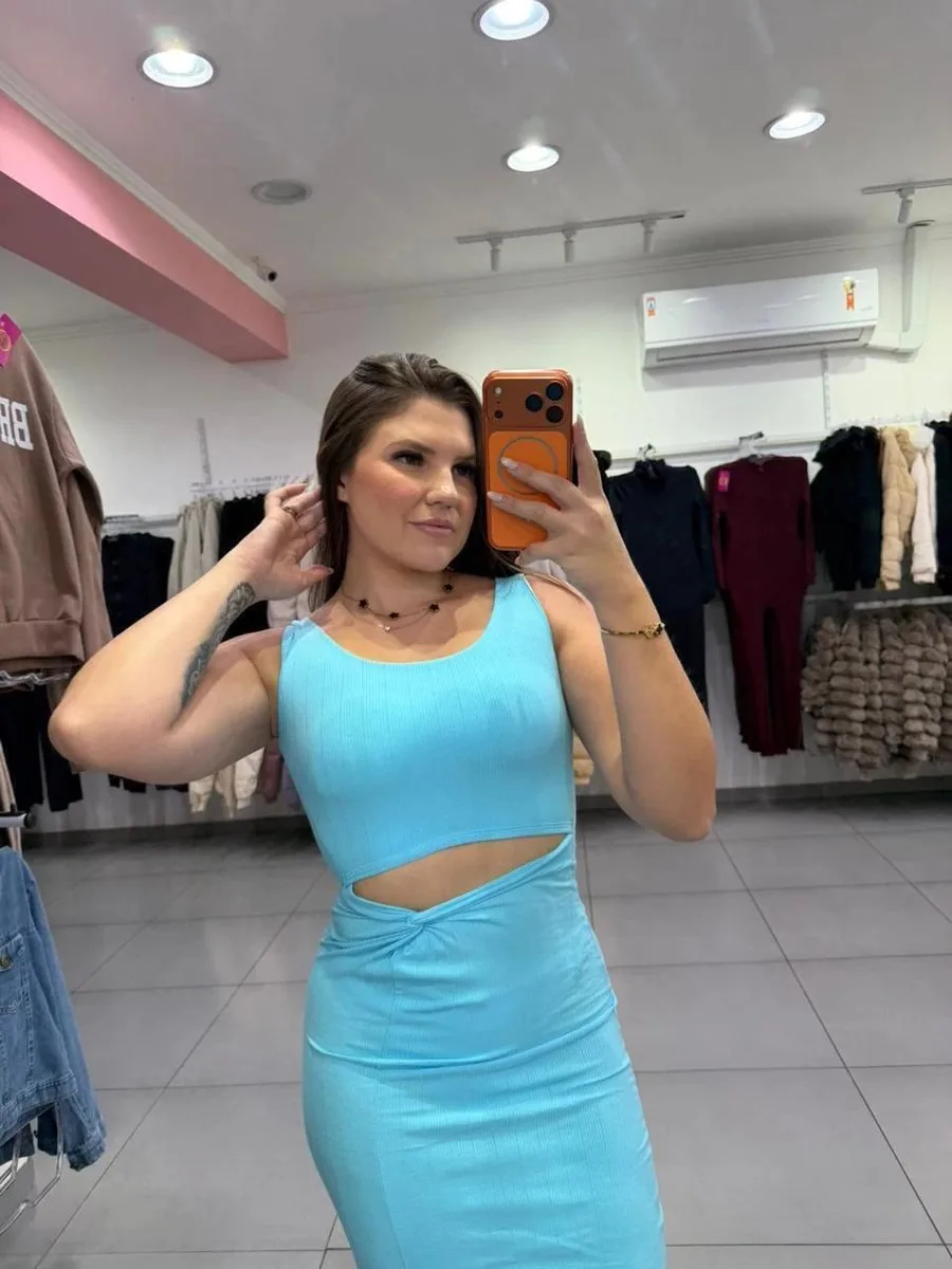 Vestido Canelado Algodão Midi Abertura Na Barriga E Fenda Lateral Azul - foto 2