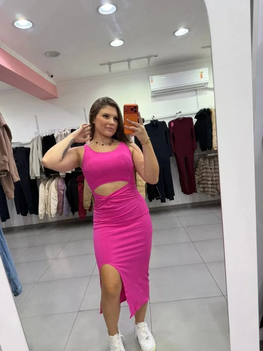 Vestido Canelado Algodão Midi Abertura Na Barriga E Fenda Lateral Rosa Pink - foto 1