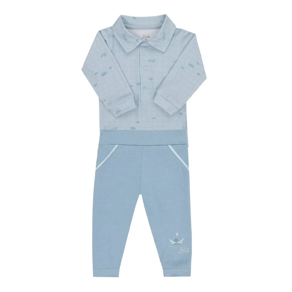 Conjunto Letut Manga Longa com Gola Polo Masculino Azul - foto 2