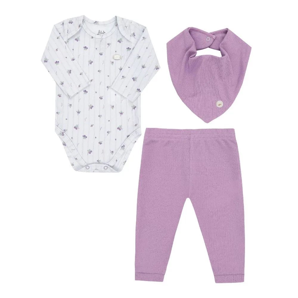 Kit Letut 3 Peças - Body + Calça + Babador Badana Menino/ Menina/Unissex - Roxo - foto 1