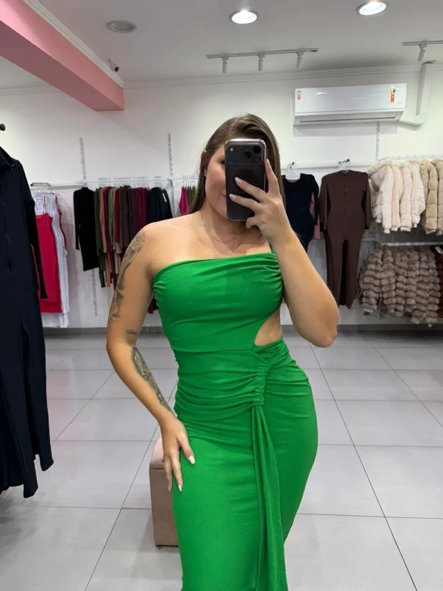 Vestido Canelado Fino Com Uma Alça E Detalhe na Frente Verde - foto 2