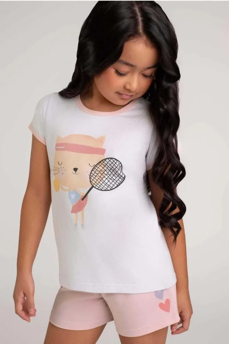 Pijama curto infantil branco e rosa gatinha- Dedeka e - foto 2