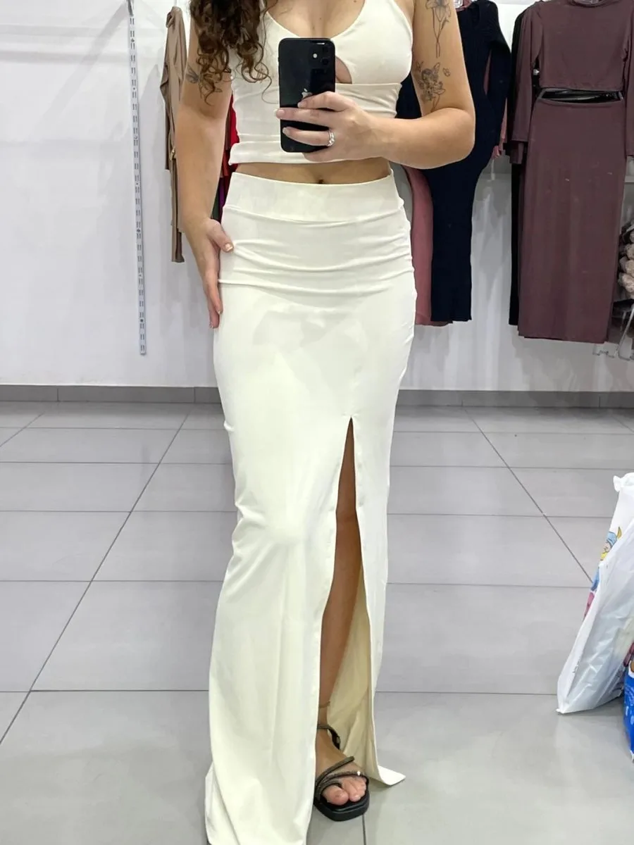 Saia Poliamida Longa Fenda Lateral Off White - foto 1