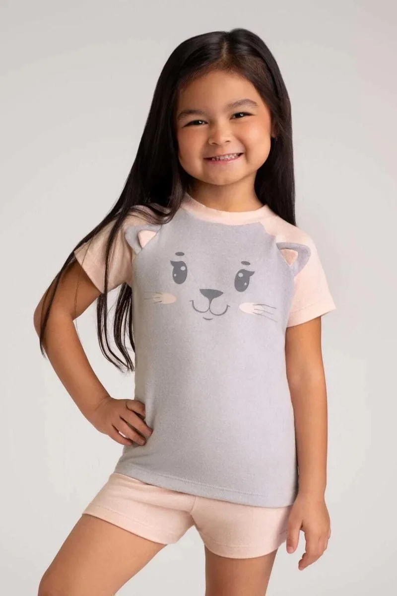 Pijama curto melange gatinha rosa infantil com aplicação - foto 1