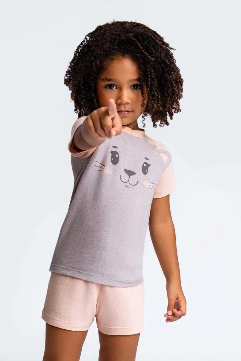 Pijama curto melange gatinha rosa infantil com aplicação - foto 3