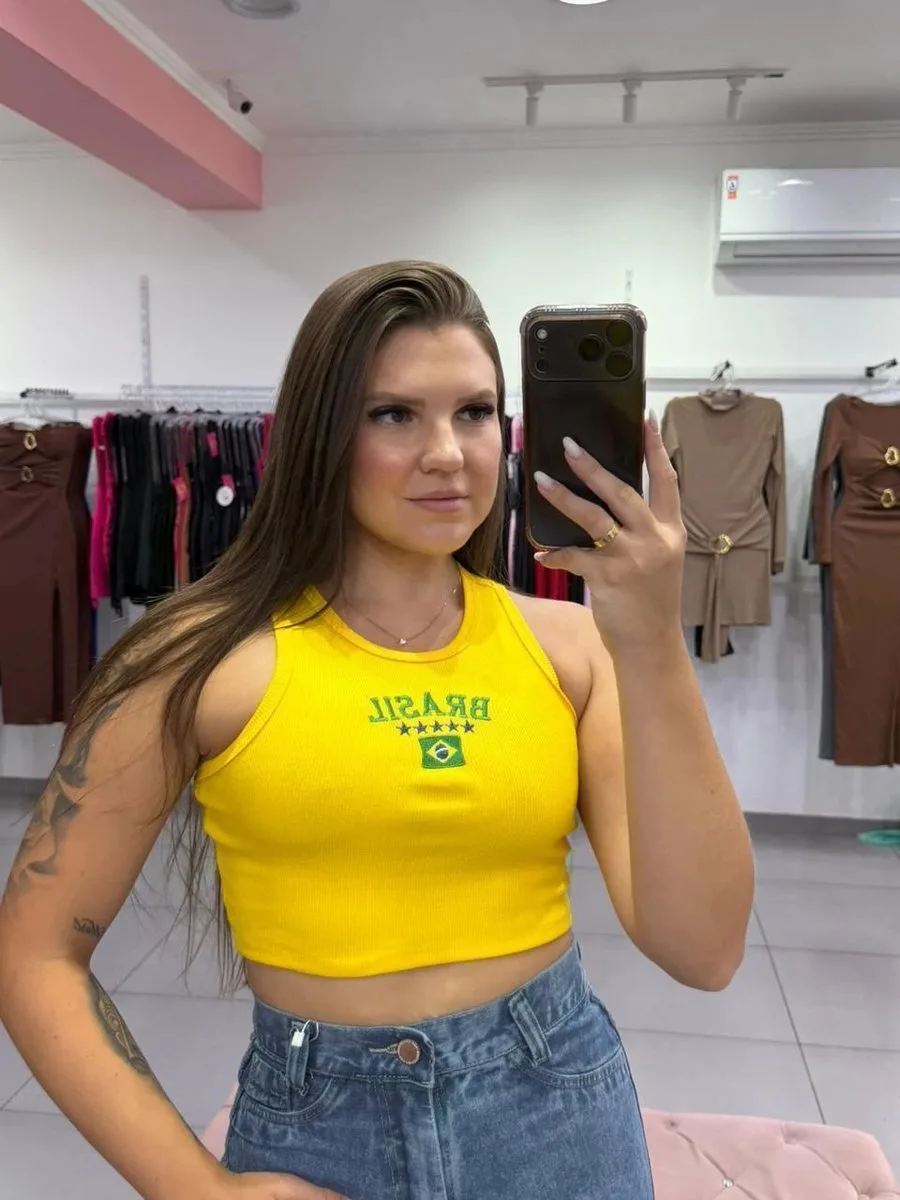 Cropped Canelado Regata Bandeira Brasil Amarelo - foto 1