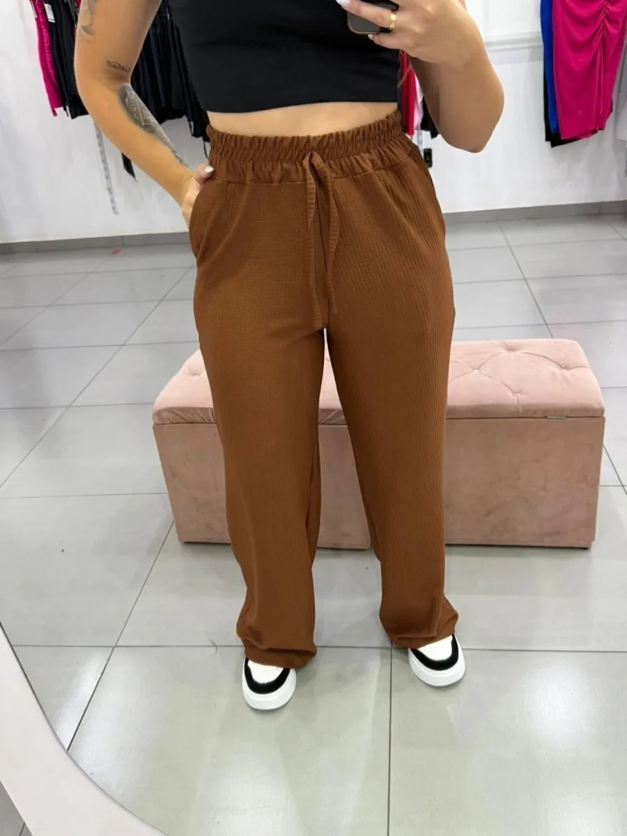 Calça Canelada Pantalona Marrom - foto 1