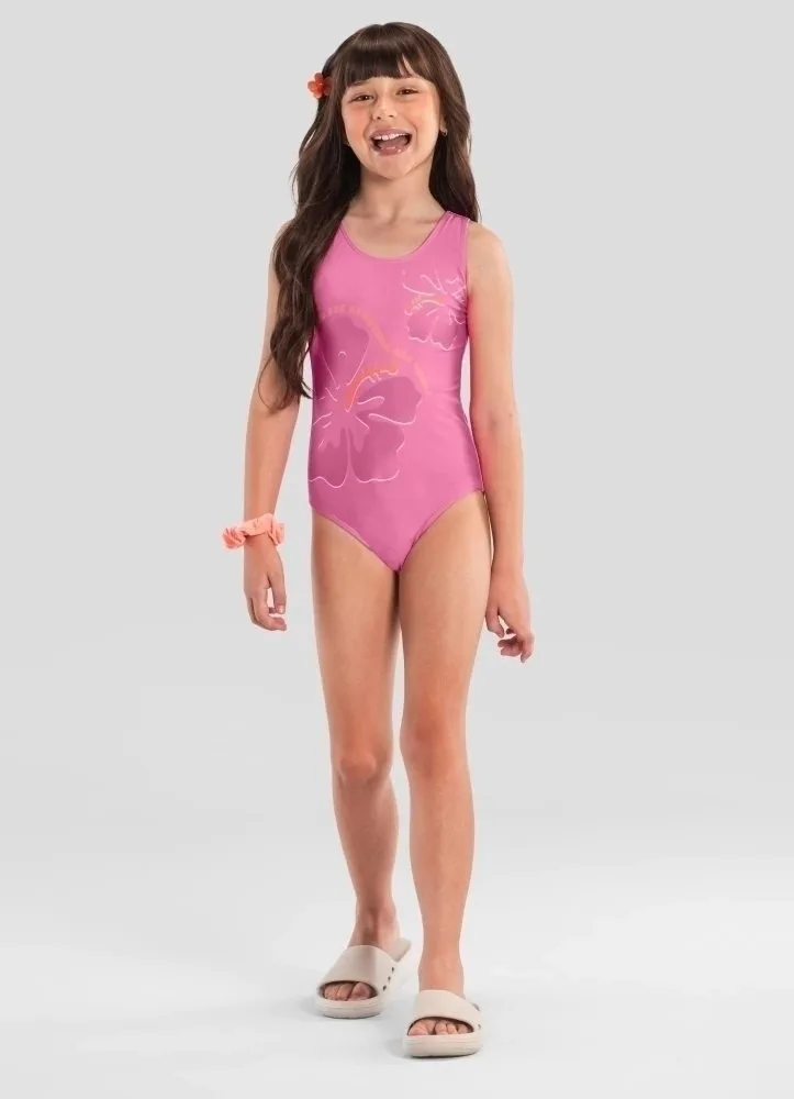 Maiô infantil menina de flores em malha UV Brandili - Rosa - foto 1