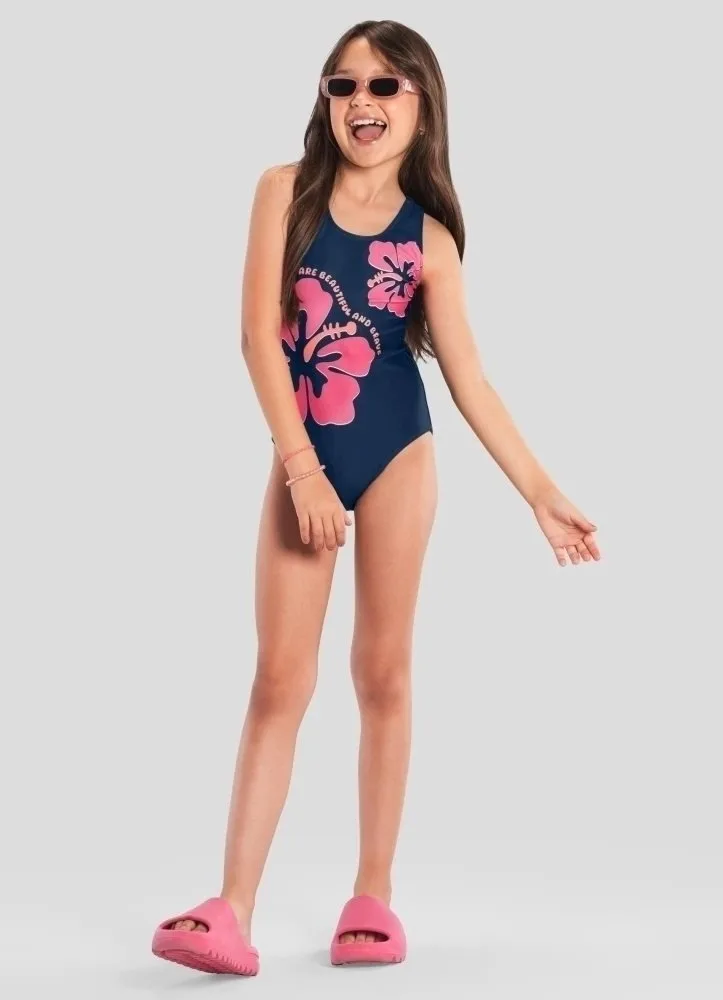 Maiô infantil menina de flores em malha UV Brandili - Azul Marinho - foto 1