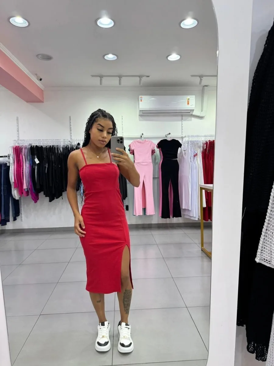 Vestido Midi Fenda Lateral E Alcinha Fina Vermelho - foto 1