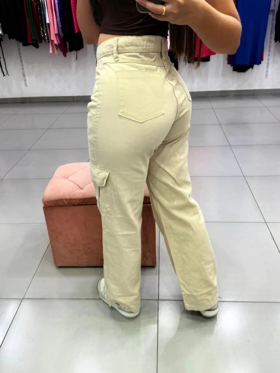 Calça Jeans Wide Leg Cargo Nude - foto 3