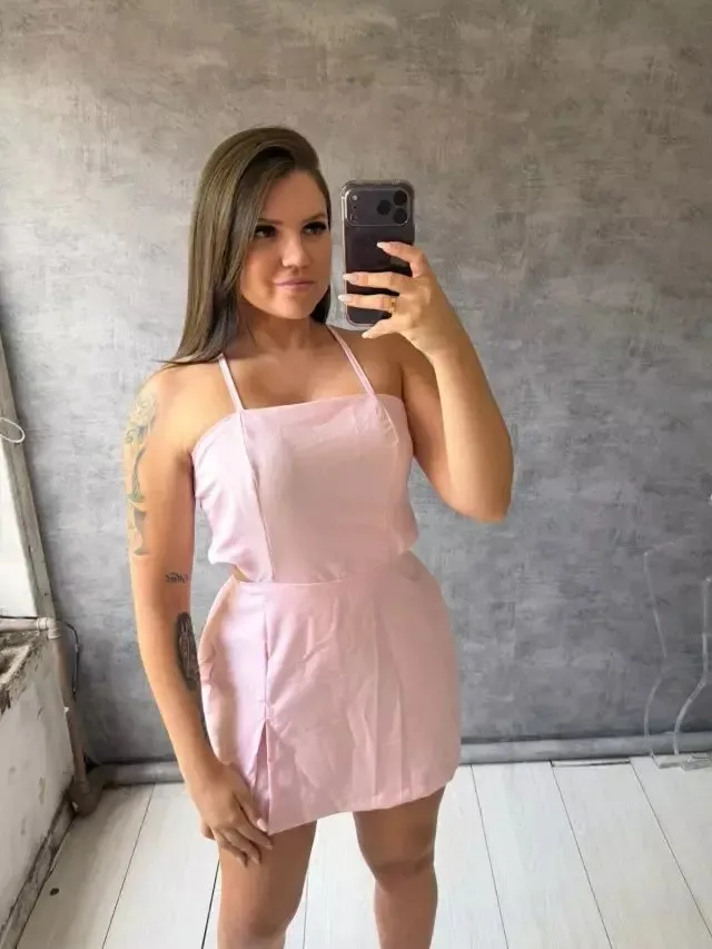 Macaquinho Alfaiataria Short Saia E Amarração Atrás Rosa Claro - foto 1