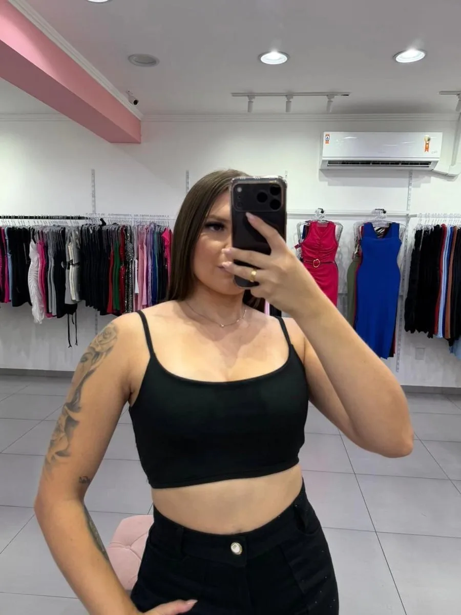Cropped Canelado Fino Duplo Alça Fina Preto - foto 3