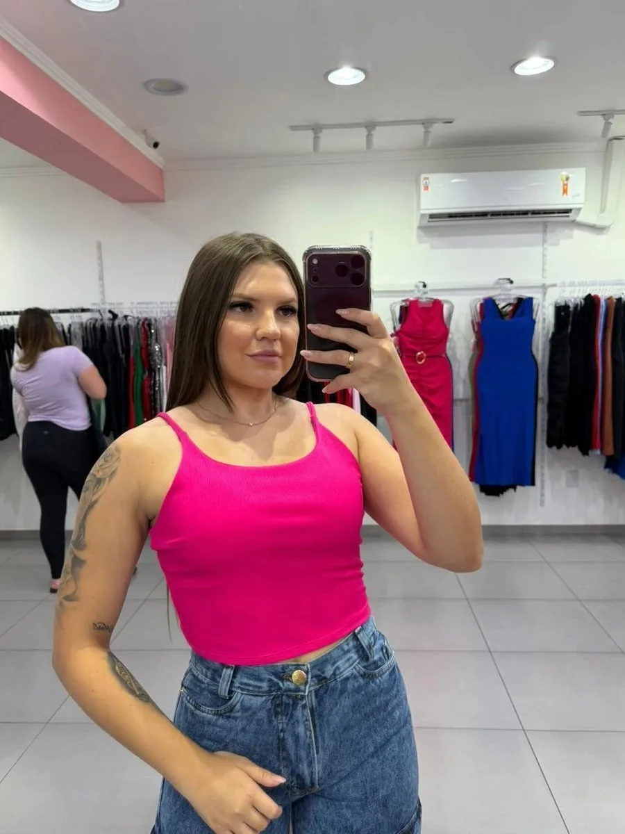 Cropped Canelado Básico Alça Fina Rosa Pink - foto 1
