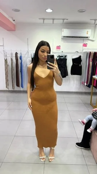 Vestido Modal Com Decote em V Com Alcinha Marrom