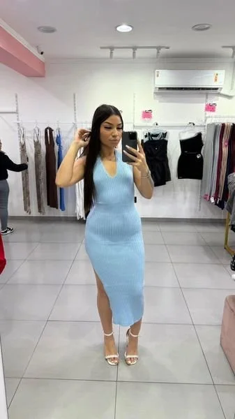 Vestido Modal Com Decote No Peito e Amarração No Pescoço Azul