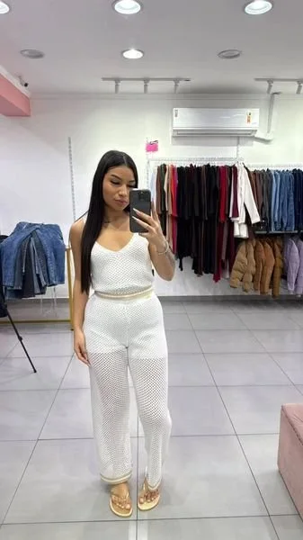 Conjunto Luxxo Regata e Pantalona em Tricô Moda Praia Branco